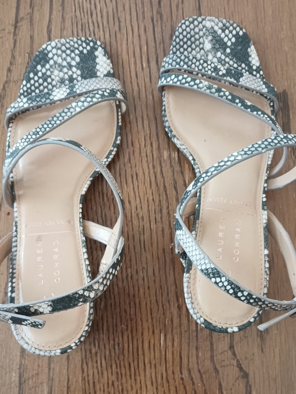 Lauren Conrad Taupe, Black, & White Snake-Print Strappy Sandals